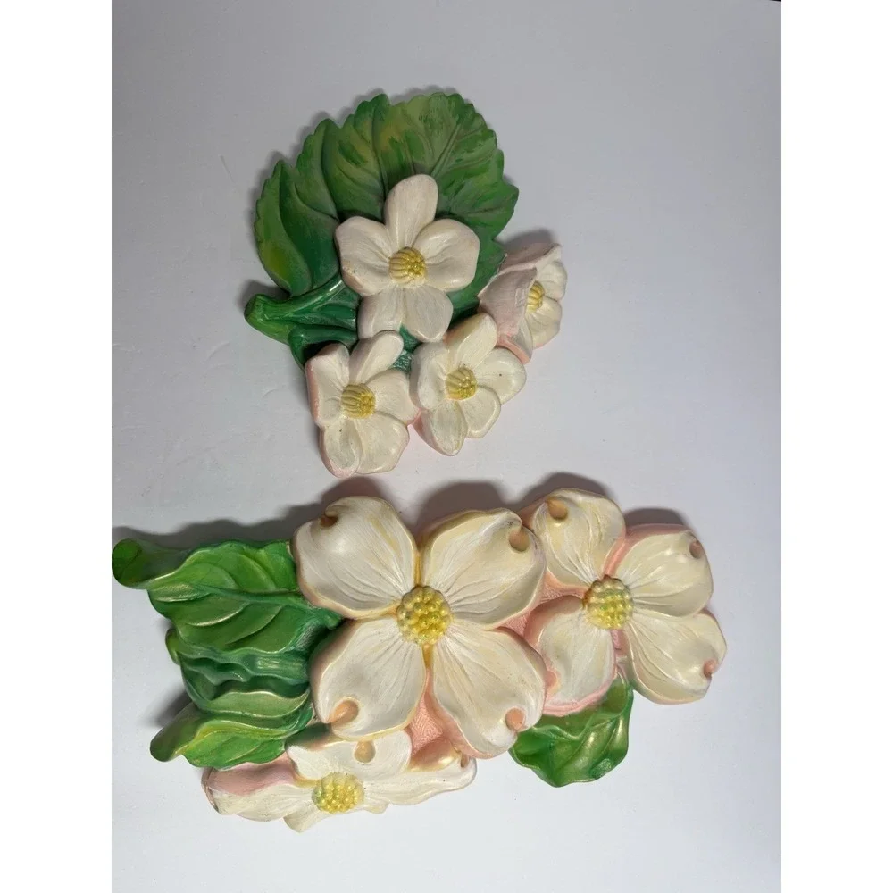 Vintage 1968 Miller Studio Dogwood Flower Chalkware‎ Wall Plaques Set of 2 MCM